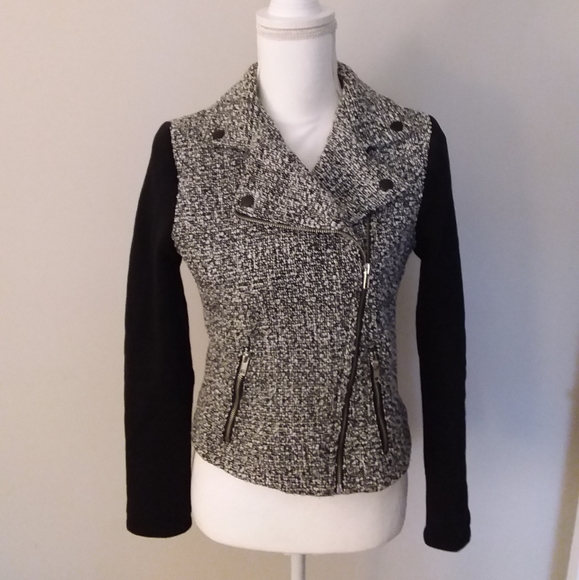 BCNU Jackets & Blazers - BCNU Black and White Tweed Moto Jacket w/Asymmetrical Zipper